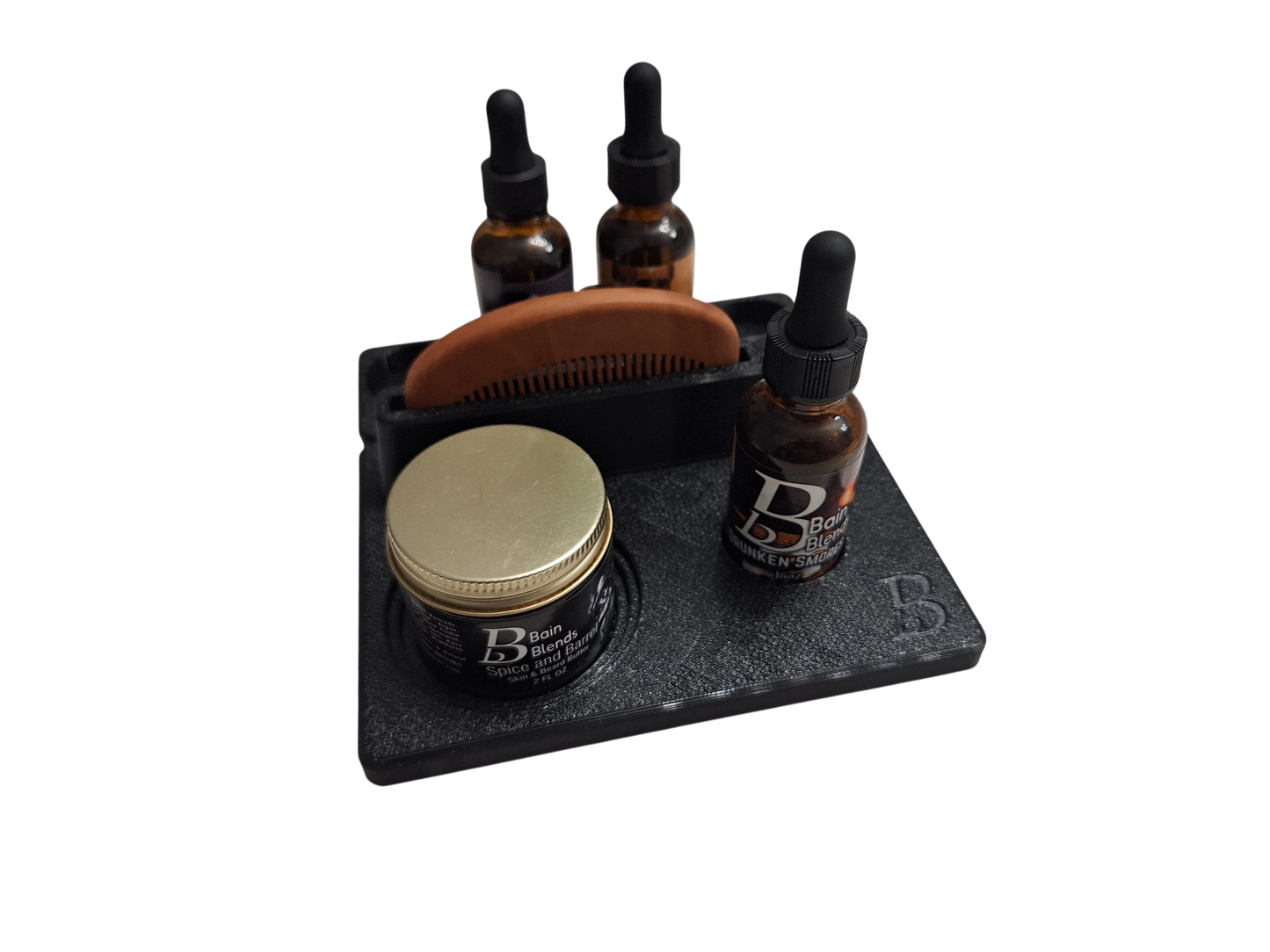 Product Caddy & Beard Primer Reservoir w/ extension and 1, 5 ML oil, custom fit comb, and 1, 1 oz oil of choice