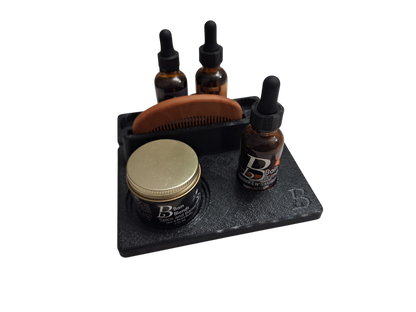 Product Caddy & Beard Primer Reservoir w/ extension and 1, 5 ML oil, custom fit comb, and 1, 1 oz oil of choice