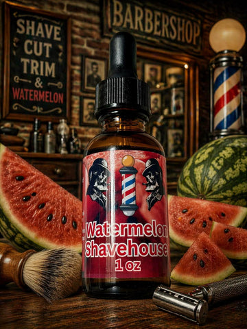 Watermelon Shavehouse, 1 oz Beard Oil (Watermelon, Lemon, Orange, Bay, Rose, Powder, Geranium, Heliotrope, Violet, Sandalwood, Vanilla, Tonka Bean, Musk)