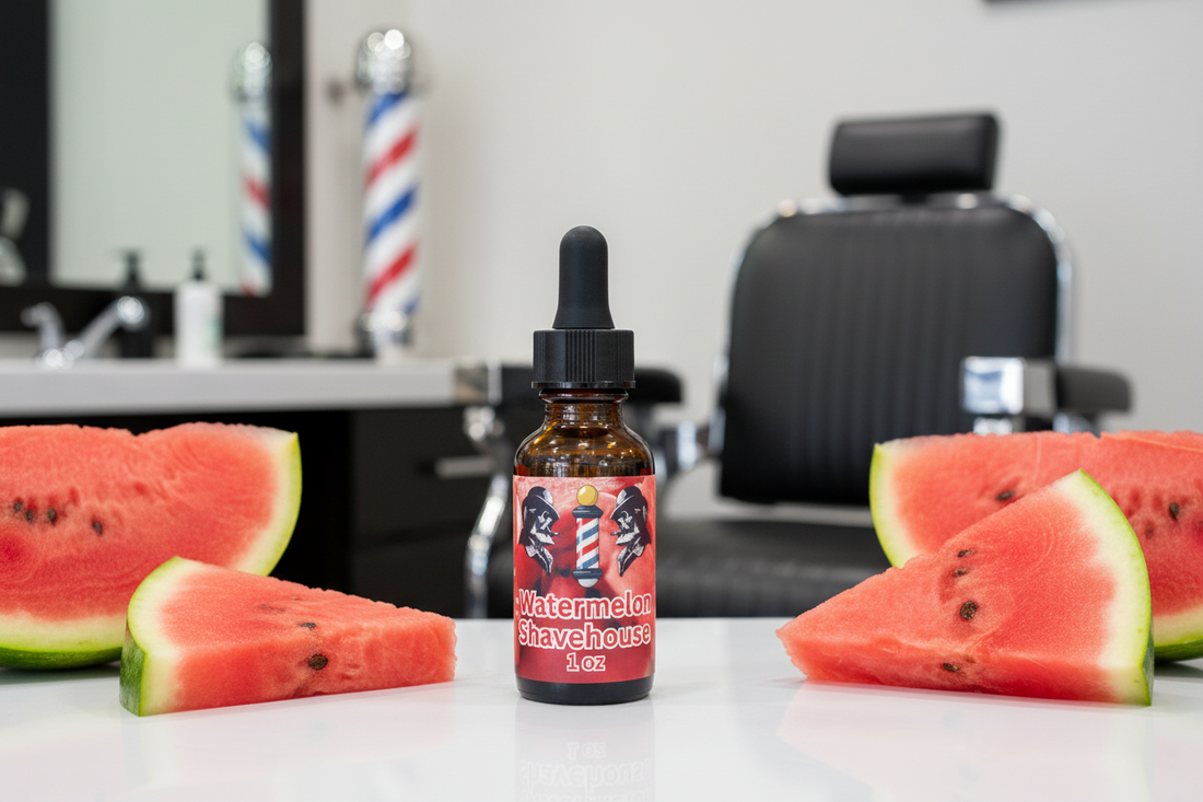 Watermelon Shavehouse, 1 oz Beard Oil (Watermelon, Lemon, Orange, Bay, Rose, Powder, Geranium, Heliotrope, Violet, Sandalwood, Vanilla, Tonka Bean, Musk)