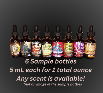 6 Sample bottles, 5 mL each (total of 30 mL or 1 oz.) 4 Blends Available