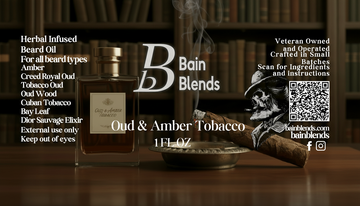 Oud & Amber Tobacco, 1 oz Beard Oil (Amber, Creed Royal Oud, Tobacco Oud, Oud Wood, Cuban Tobacco, Bay Leaf, and Dior Sauvage Elixir) 4 Blends Available