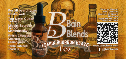 1 oz. Beard Oil, Lemon Bourbon Blaze (Lemon, Cuban Tobacco, Bourbon, Marshmallow, Chocolate, Charcoal, Lemongrass)