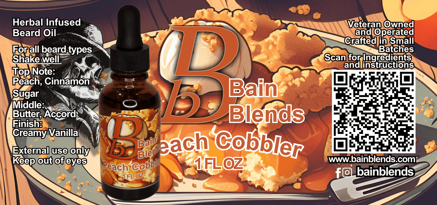 1 oz. Beard Oil, Peach Cobbler (Peach, Cinnamon, Sugar, Accord, Cream, Vanilla)