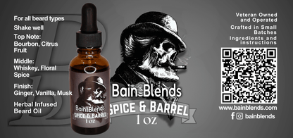 1 oz. Beard Oil Spice & Barrel (Bourbon, Citrus, and Fruit, Whiskey, Floral, Spice, Ginger, Vanilla, & Musk)