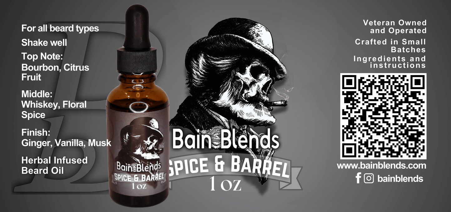 1 oz. Beard Oil Spice & Barrel (Bourbon, Citrus, Fruit, Whiskey, Floral, Spice, Ginger, Vanilla, and Musk)