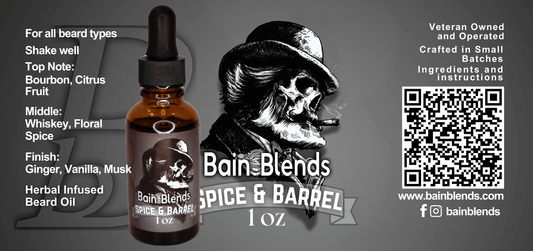 1 oz. Beard Oil Spice & Barrel (Bourbon, Citrus, Fruit, Whiskey, Floral, Spice, Ginger, Vanilla, and Musk)