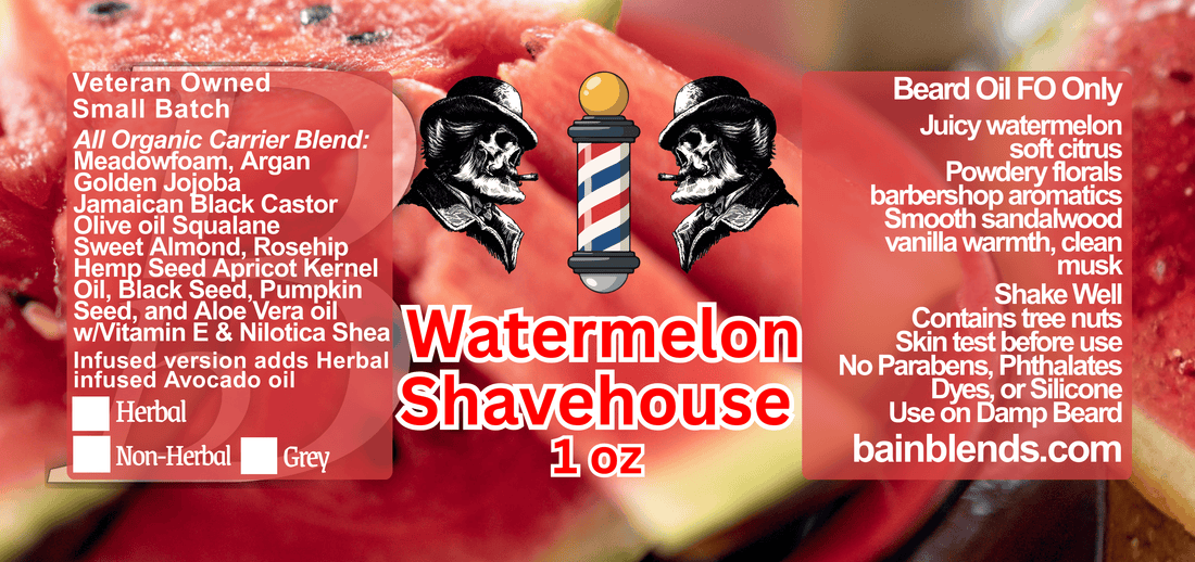 Watermelon Shavehouse, 1 oz Beard Oil (Watermelon, Lemon, Orange, Bay, Rose, Powder, Geranium, Heliotrope, Violet, Sandalwood, Vanilla, Tonka Bean, Musk)